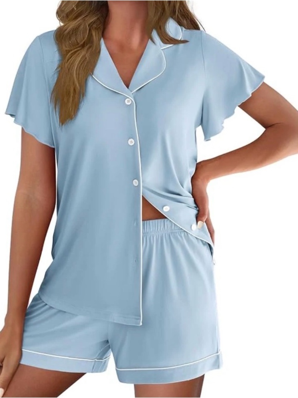 NWOT: Ekouaer PJ Set, Button Up Top w/ Ruffle Sleeves, Elastic Waist w/ Pockets